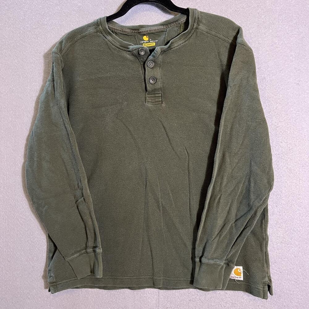 Carhartt Henley Shirt Mens Large Green Thermal Long Sleeve Tagless Waffle Knit